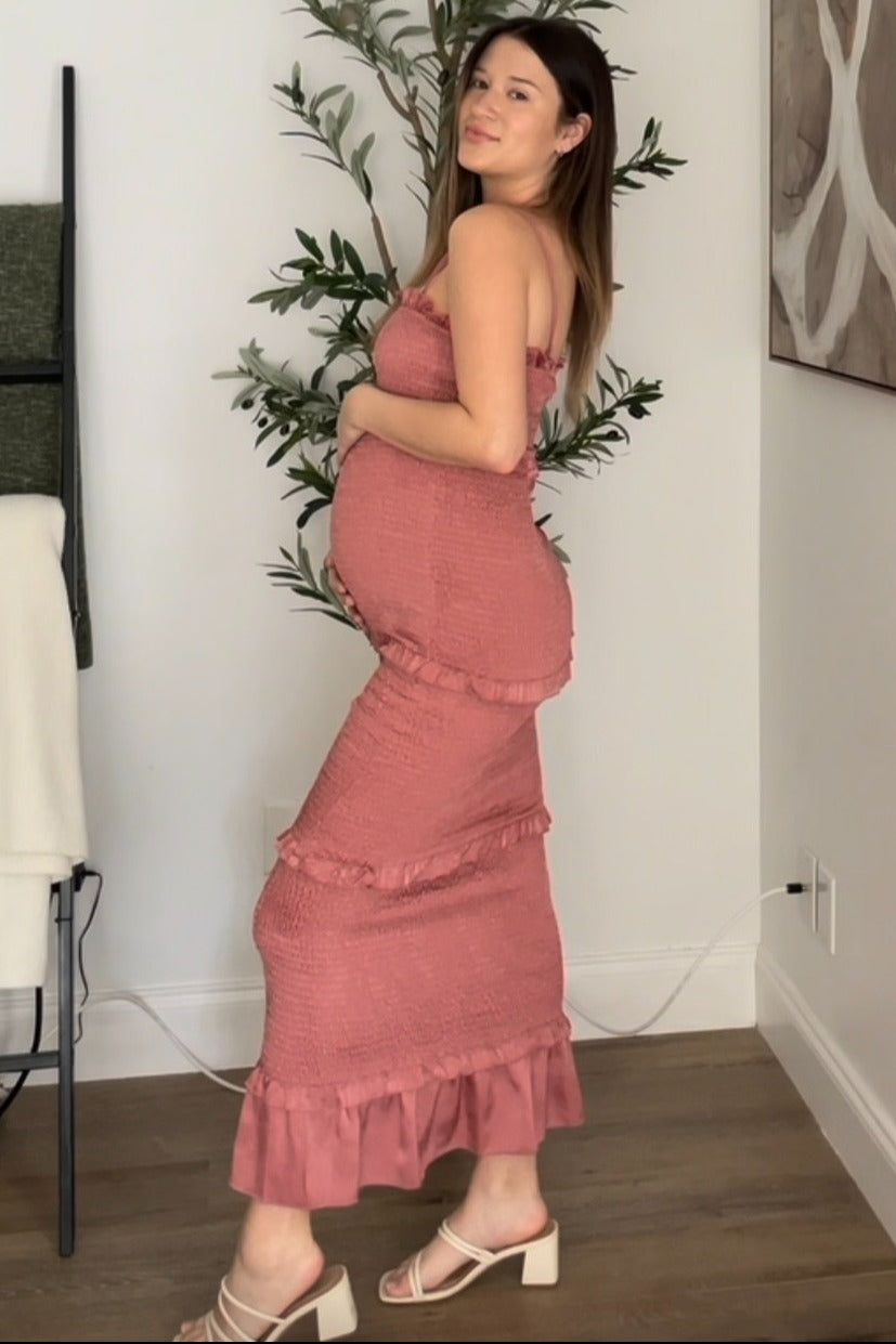 Mauve Satin Smocked Fitted Maternity Midi Dress by PinkBlush (view 15 of 24)