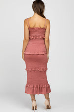 Mauve Satin Smocked Fitted Maternity Midi Dress by PinkBlush (view 4 of 24)