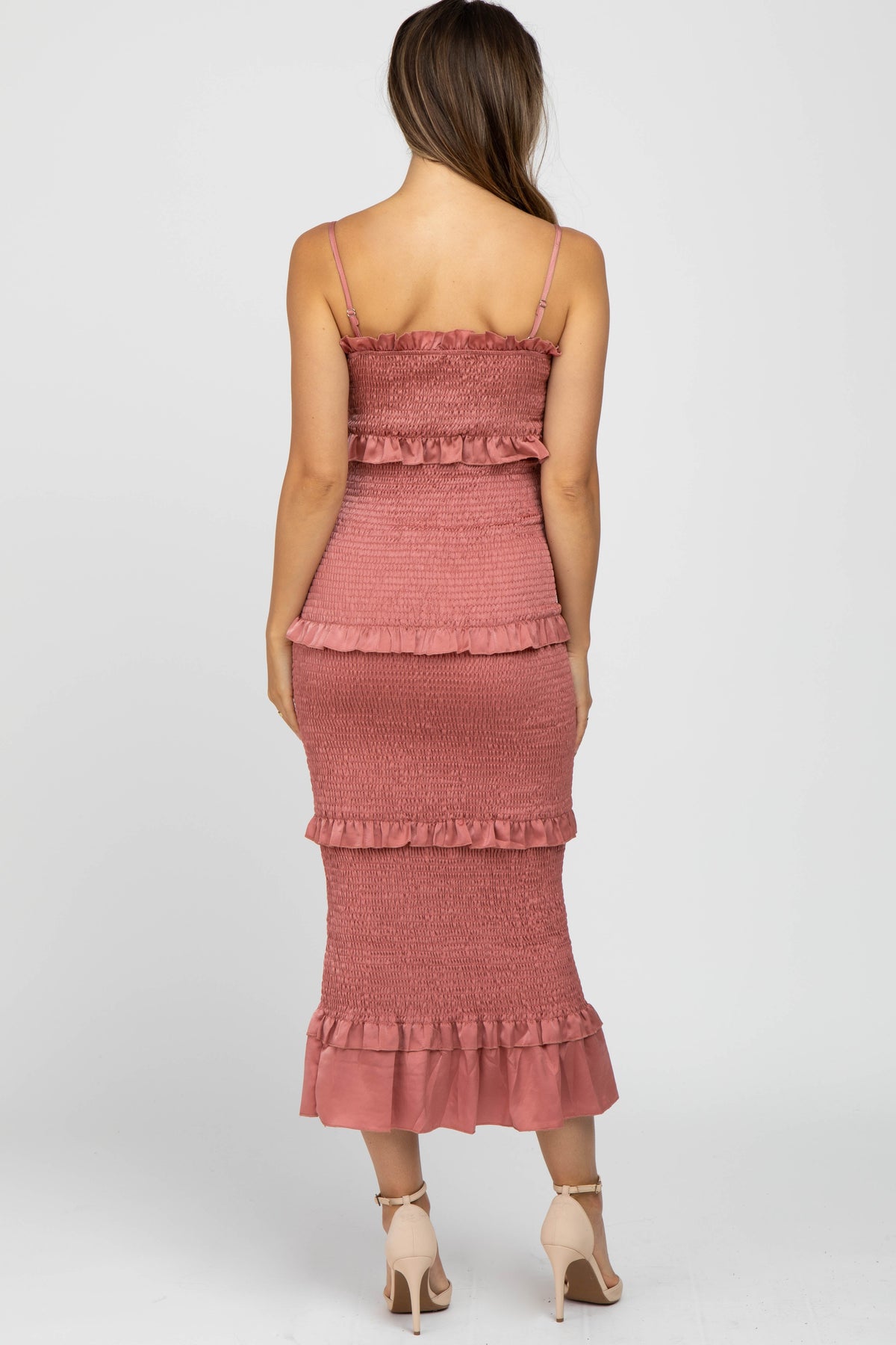 Mauve Satin Smocked Fitted Maternity Midi Dress by PinkBlush (view 4 of 24)