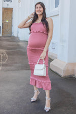 Mauve Satin Smocked Fitted Maternity Midi Dress by PinkBlush (view 17 of 24)