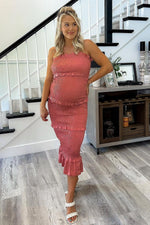 Mauve Satin Smocked Fitted Maternity Midi Dress by PinkBlush (view 18 of 24)