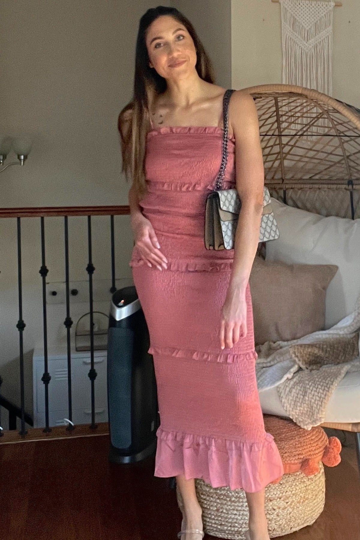Mauve Satin Smocked Fitted Midi Dress by PinkBlush (view 6 of 8)