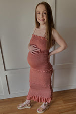 Mauve Satin Smocked Fitted Maternity Midi Dress by PinkBlush (view 20 of 24)