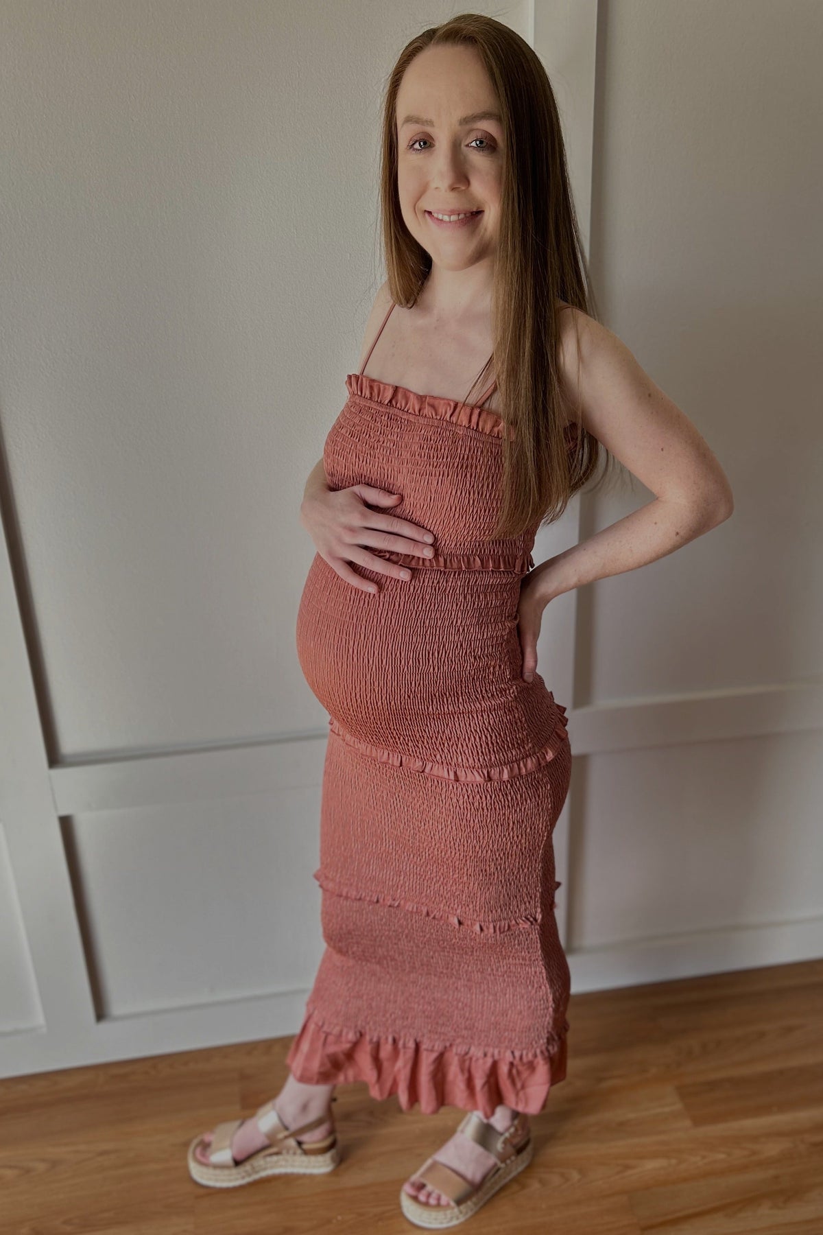 Mauve Satin Smocked Fitted Maternity Midi Dress by PinkBlush (view 20 of 24)