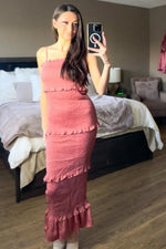 Mauve Satin Smocked Fitted Midi Dress by PinkBlush (view 7 of 8)