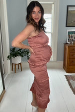 Mauve Satin Smocked Fitted Maternity Midi Dress by PinkBlush (view 23 of 24)