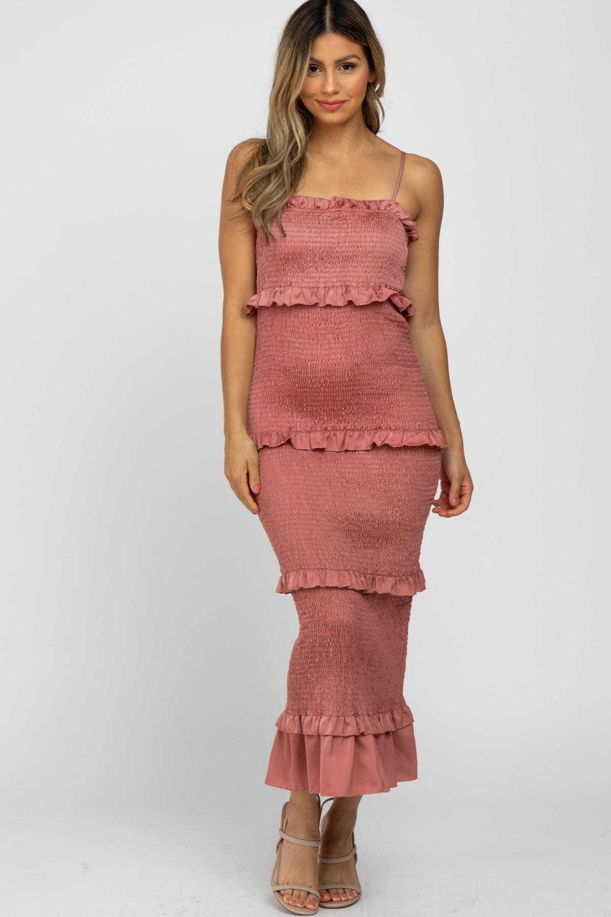 Mauve Satin Smocked Fitted Midi Dress by PinkBlush (view 1 of 8)