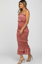 Mauve Satin Smocked Fitted Midi Dress by PinkBlush (view 2 of 8)