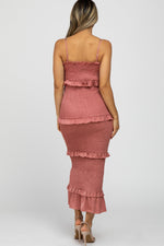 Mauve Satin Smocked Fitted Midi Dress by PinkBlush (view 3 of 8)