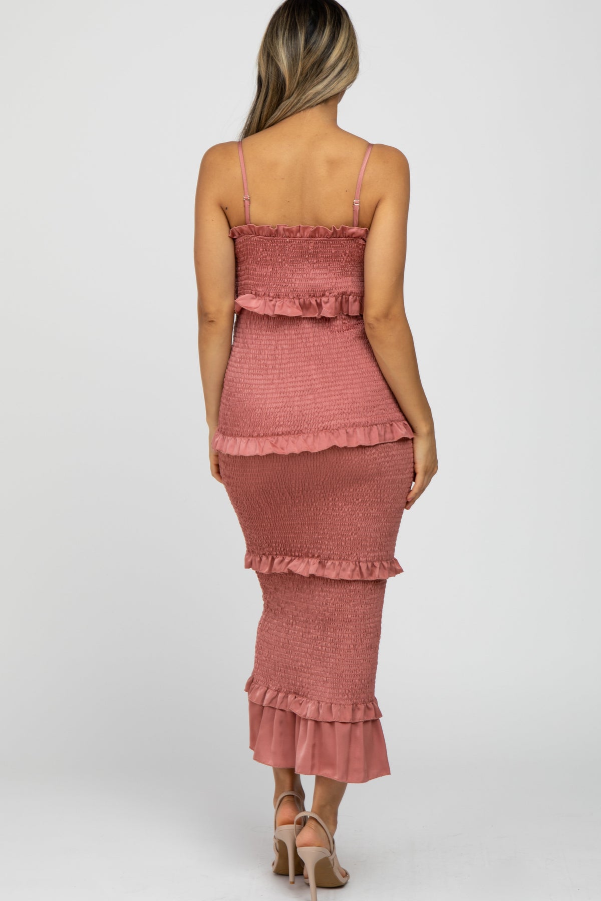 Mauve Satin Smocked Fitted Midi Dress by PinkBlush (view 3 of 8)
