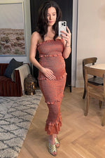Mauve Satin Smocked Fitted Maternity Midi Dress by PinkBlush (view 5 of 24)