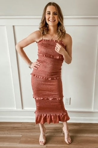 Mauve Satin Smocked Fitted Midi Dress by PinkBlush (view 4 of 8)
