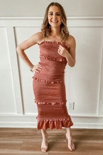 Mauve Satin Smocked Fitted Midi Dress by PinkBlush (view 4 of 8)
