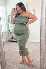Olive Satin Smocked Fitted Maternity Midi Dress by PinkBlush