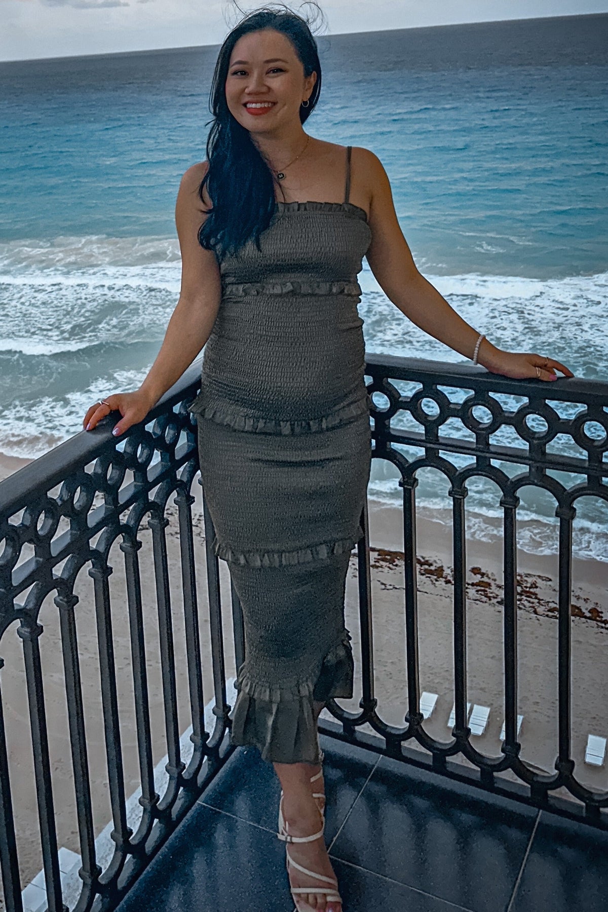 Olive Satin Smocked Fitted Maternity Midi Dress by PinkBlush