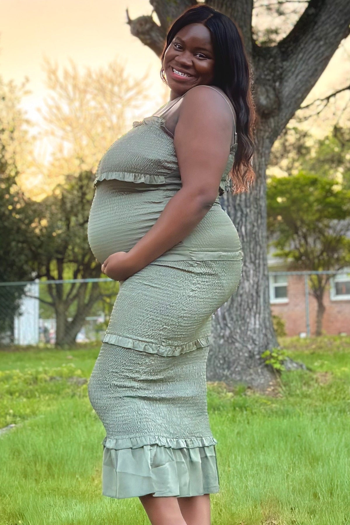 Olive Satin Smocked Fitted Maternity Midi Dress by PinkBlush
