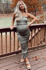 Olive Satin Smocked Fitted Maternity Midi Dress by PinkBlush