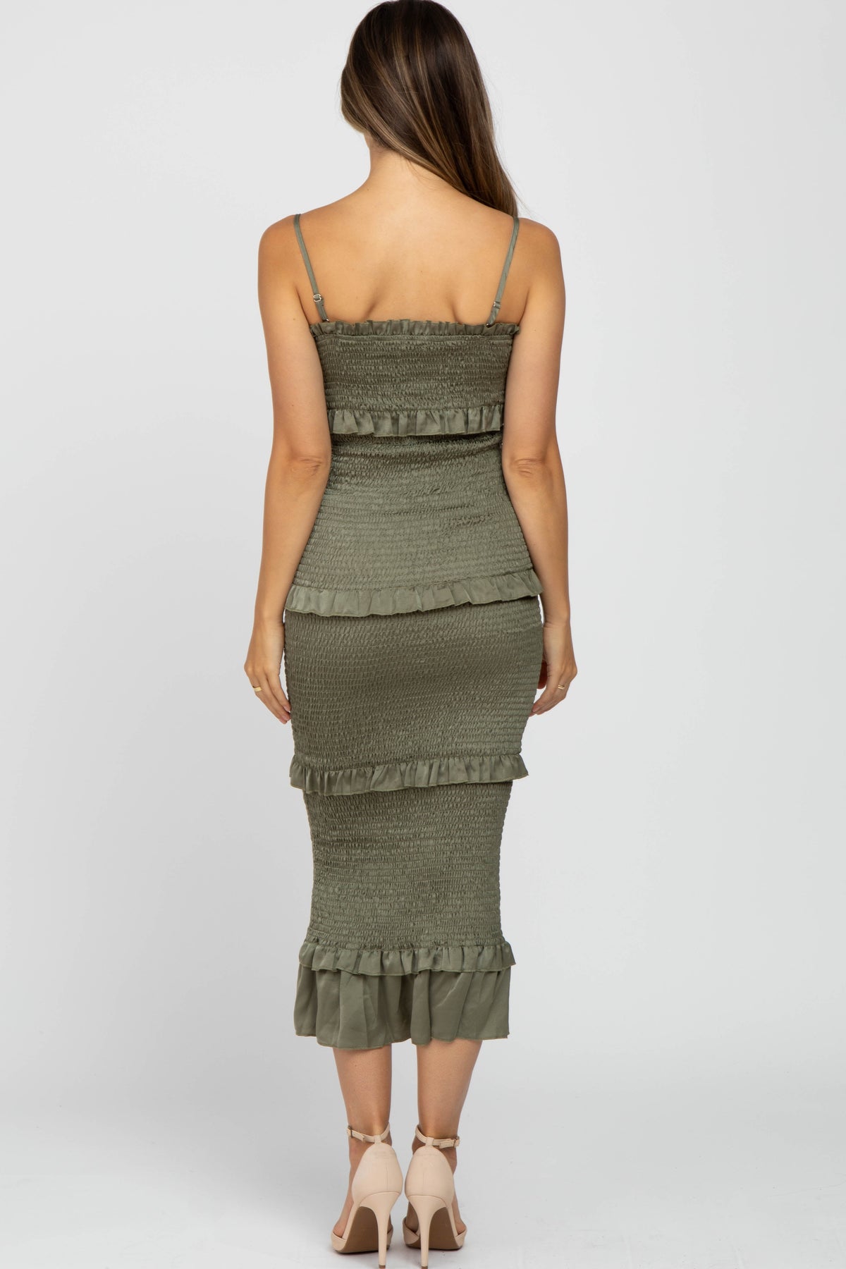 Olive Satin Smocked Fitted Maternity Midi Dress by PinkBlush