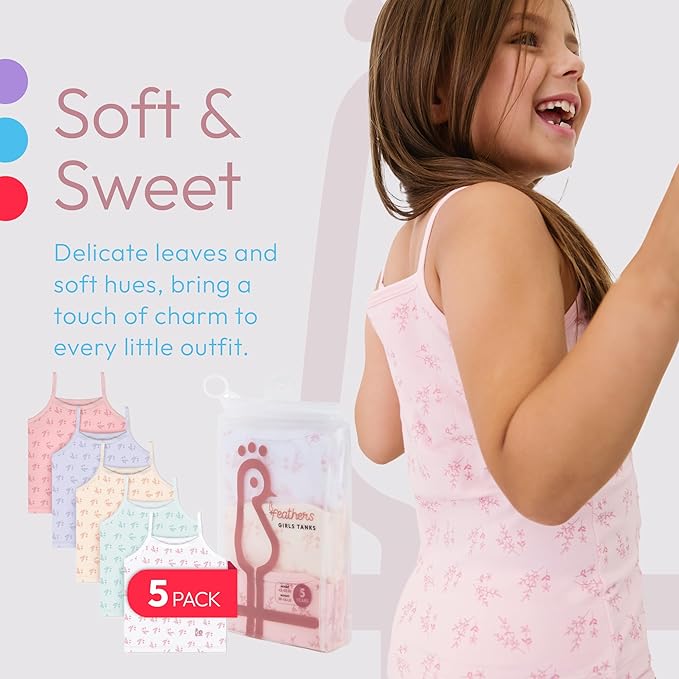 Feathers Leafy Style Super Soft Girls Undershirts Tagless Camisoles – Cotton Cami Girls Tank Tops (5 Pack) by Feathers USA at Everetts Place