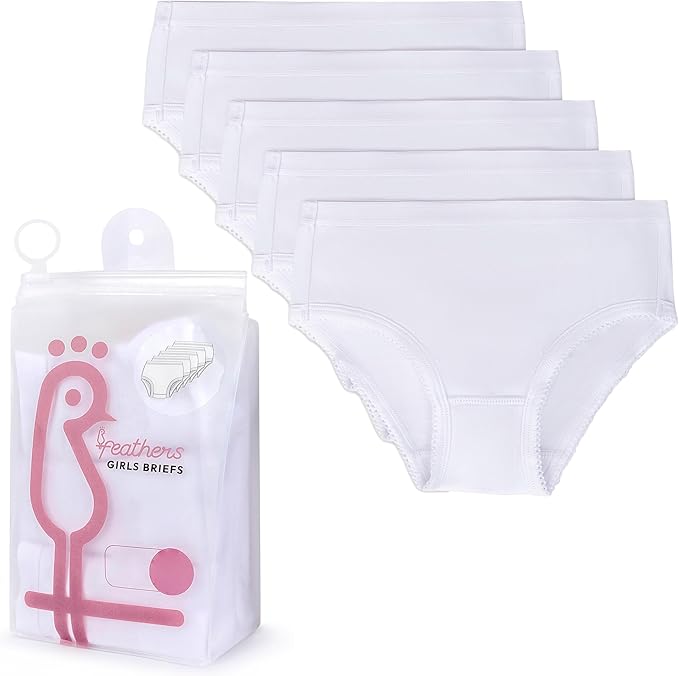 Feathers Solid White Snug Tagless Super Soft Cotton Underwear - Girls Underwear Briefs Panties 5-Pack (White) by Feathers USA at Everetts Place