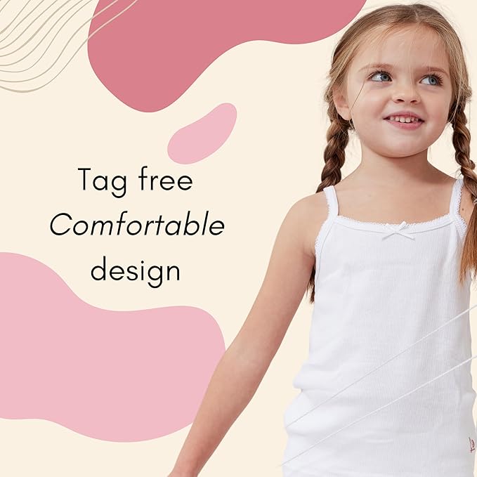Feathers Girls Solid White Snug Fit Tagless Cami Vest - 100% Cotton Super Soft Undershirts (3/Pack) by Feathers USA at Everetts Place
