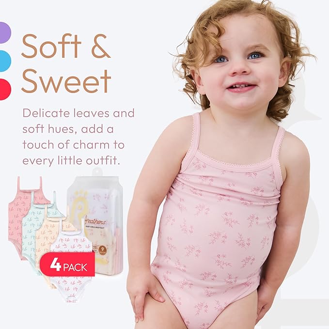 Feathers Leafy Style Tank Top Bodysuits Baby Girl Undershirts – Super Soft One-Piece for Toddler (4 Pack) by Feathers USA at Everetts Place
