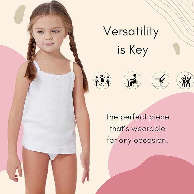 Feathers Girls Solid White Snug Fit Tagless Cami Vest - 100% Cotton Super Soft Undershirts (3/Pack) by Feathers USA at Everetts Place
