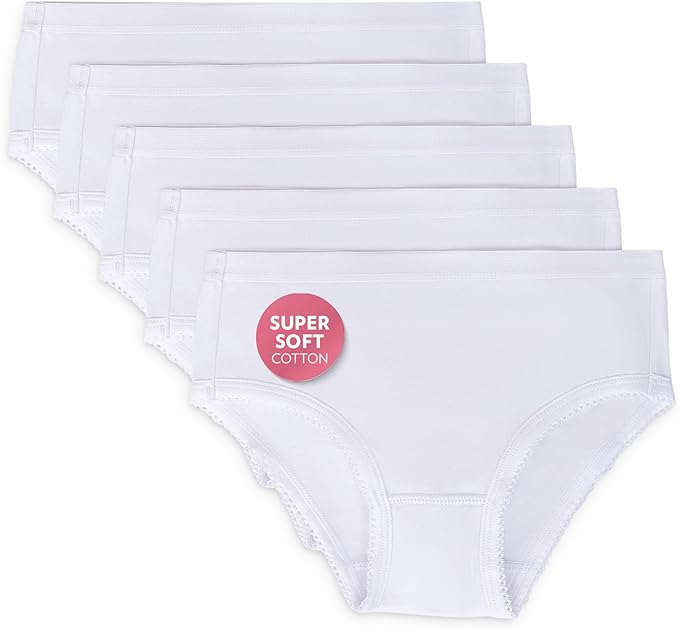 Feathers Solid White Snug Tagless Super Soft Cotton Underwear - Girls Underwear Briefs Panties 5-Pack (White) by Feathers USA at Everetts Place