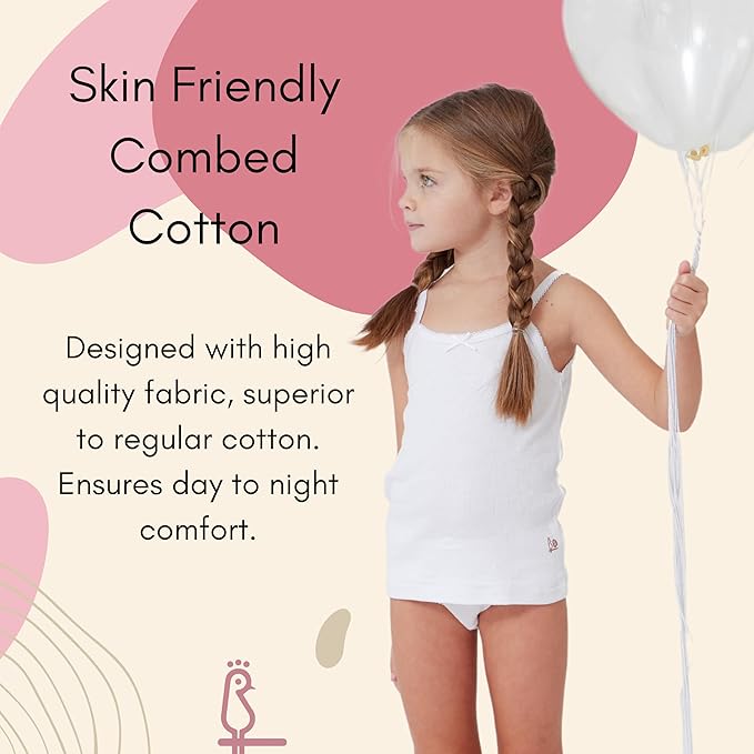 Feathers Girls Solid White Snug Fit Tagless Cami Vest - 100% Cotton Super Soft Undershirts (3/Pack) by Feathers USA at Everetts Place