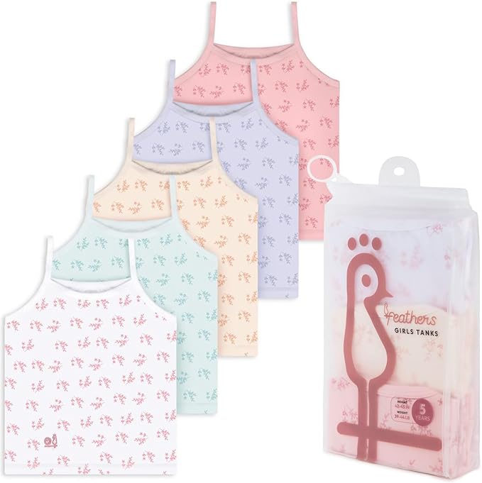 Feathers Leafy Style Super Soft Girls Undershirts Tagless Camisoles – Cotton Cami Girls Tank Tops (5 Pack) by Feathers USA at Everetts Place