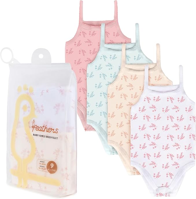 Feathers Leafy Style Tank Top Bodysuits Baby Girl Undershirts – Super Soft One-Piece for Toddler (4 Pack) by Feathers USA at Everetts Place