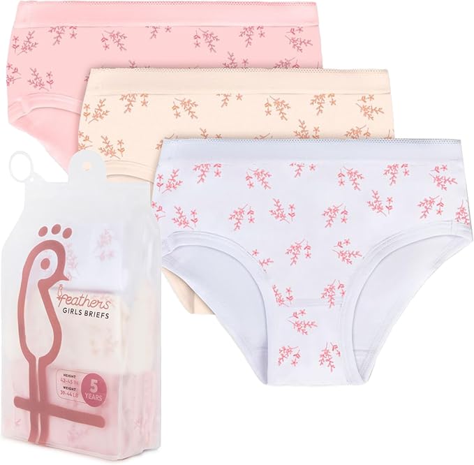Feathers Leafy Print Snug Tagless Cotton Underwear – Girls Underwear Briefs Super Soft Panties (3 Pack) by Feathers USA at Everetts Place