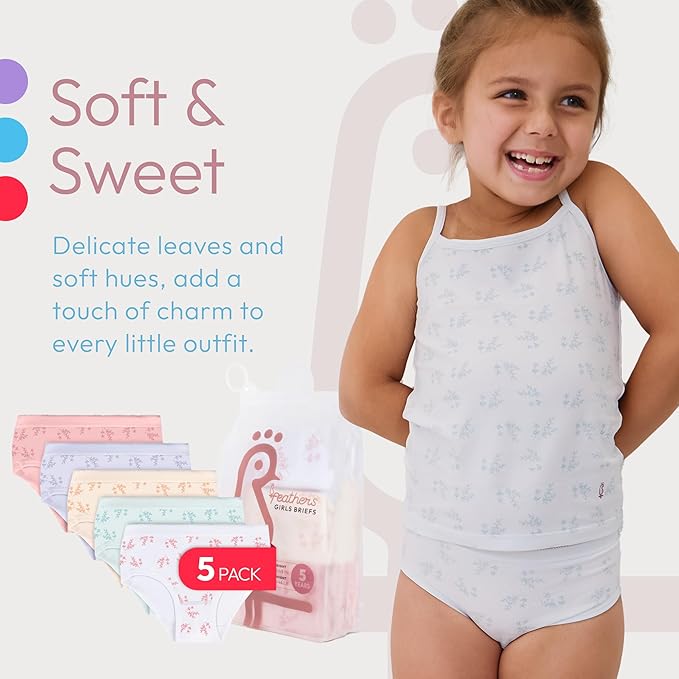 Feathers Leafy Print Snug Tagless Cotton Underwear – Girls Underwear Briefs Super Soft Panties (5 Pack) by Feathers USA at Everetts Place