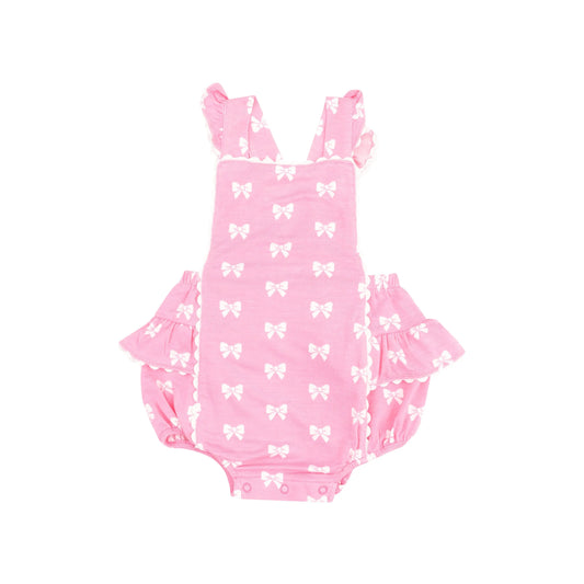Ric Rac Ruffle Sunsuit Pink Bows for Girls.