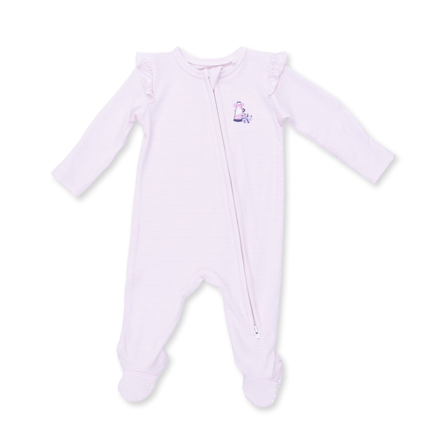 Ruffle sleeve zipper footie in pink micro stripe with fold-over cuffs and footed grippers