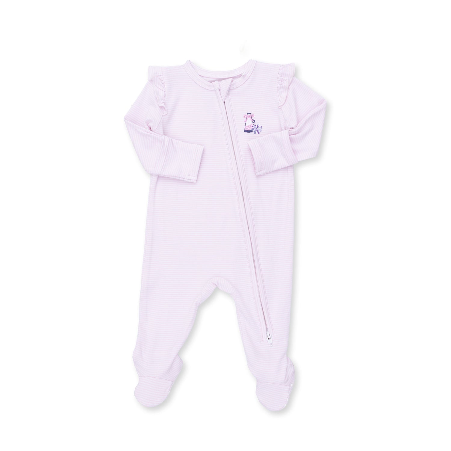 Ruffle Sleeve Zipper Footie Pajamas - Micro Stripe by Angel Dear (view 2 of 4)