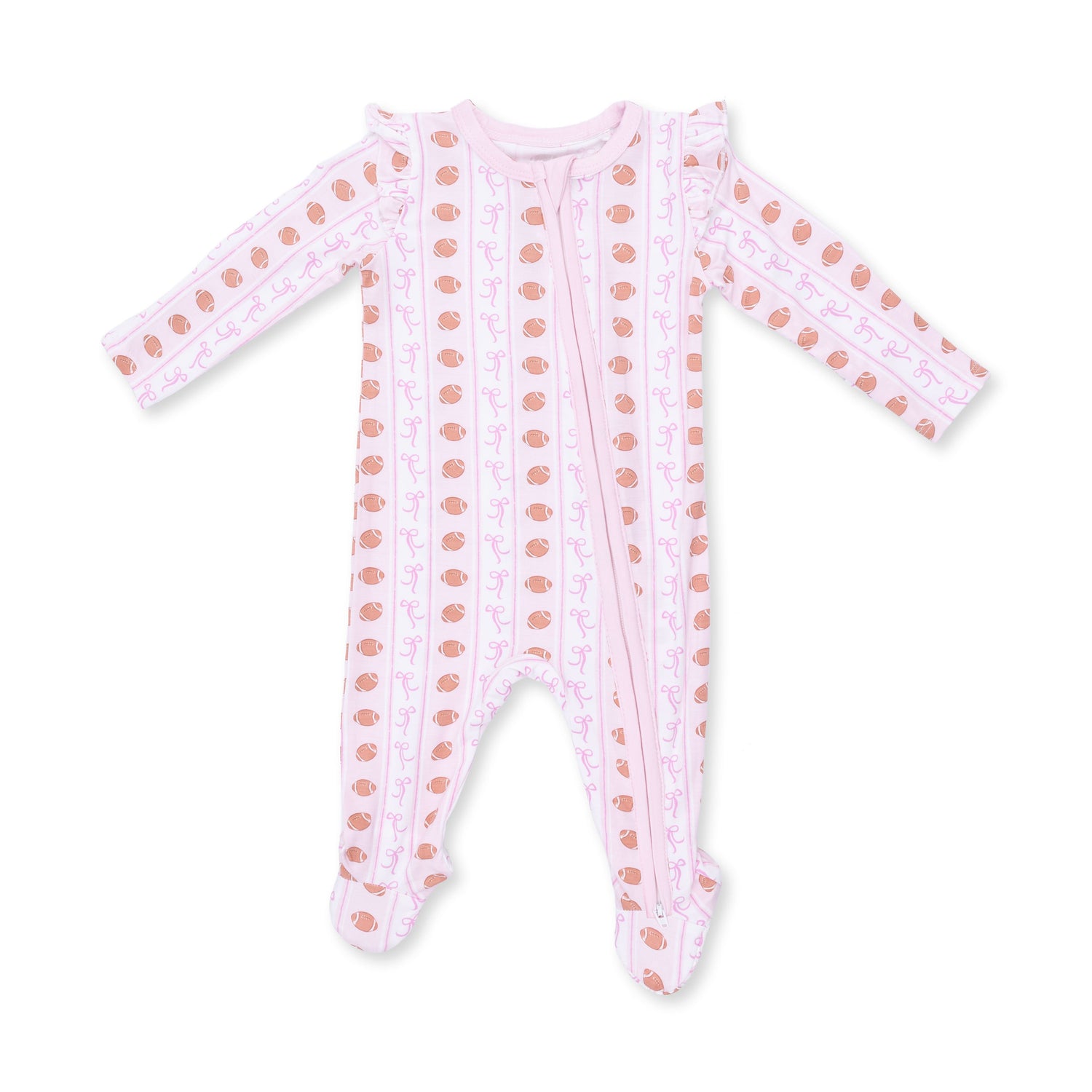 Ruffle sleeve zipper footie in football bow stripe print with fold-over cuffs and footed grippers
