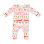 Baby footie pajamas in pink gingerbread fair isle print with ruffle sleeves, front zipper and gripper feet
