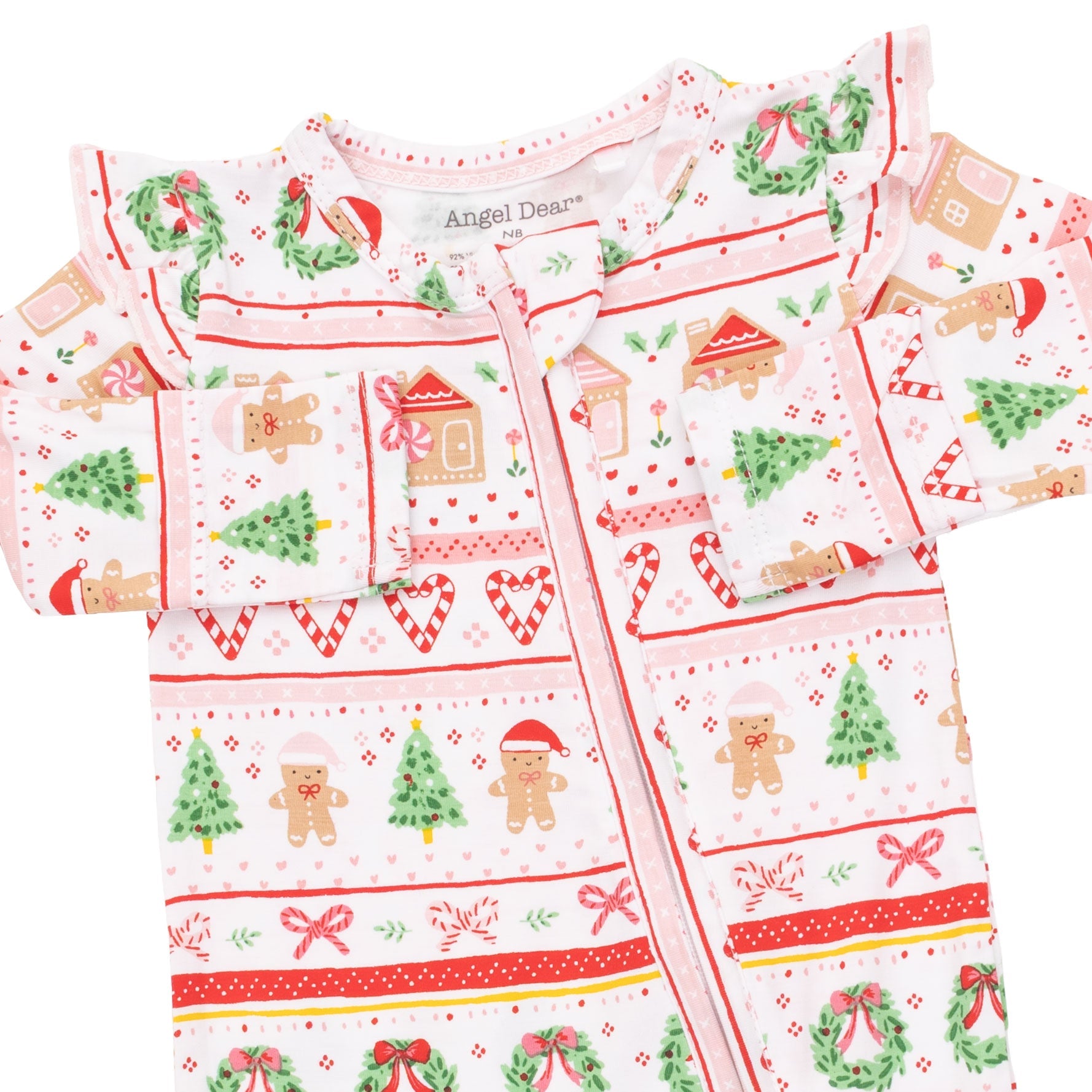 Gingerbread Fair Isle Pink - 2 Way Ruffle Sleeve Zipper Footie by Angel Dear
