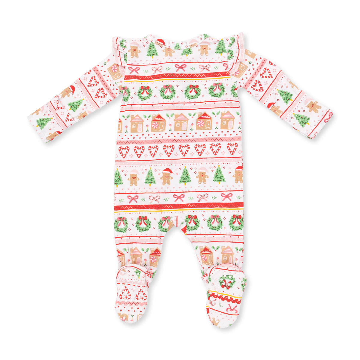 Gingerbread Fair Isle Pink - 2 Way Ruffle Sleeve Zipper Footie by Angel Dear