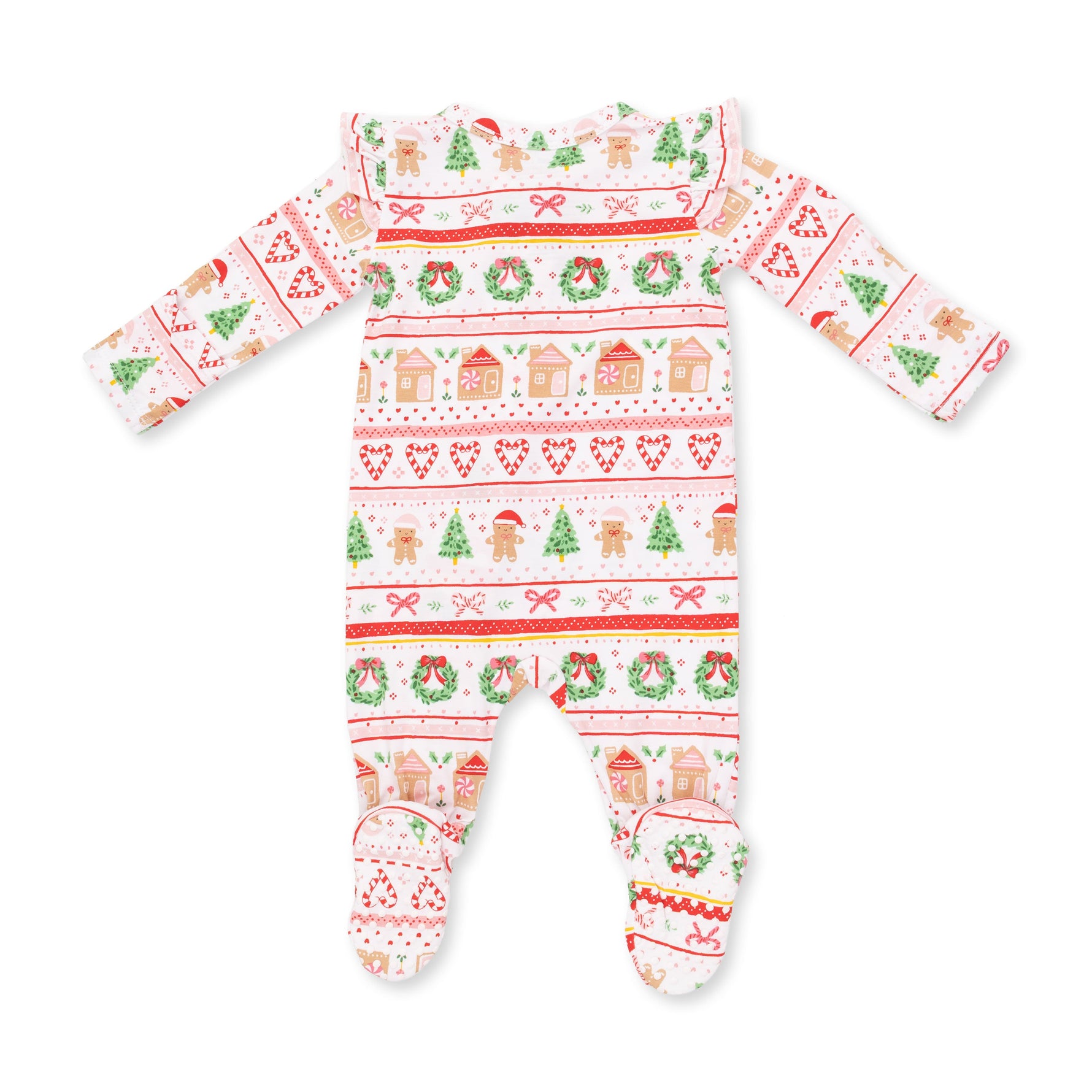 Gingerbread Fair Isle Pink - 2 Way Ruffle Sleeve Zipper Footie by Angel Dear