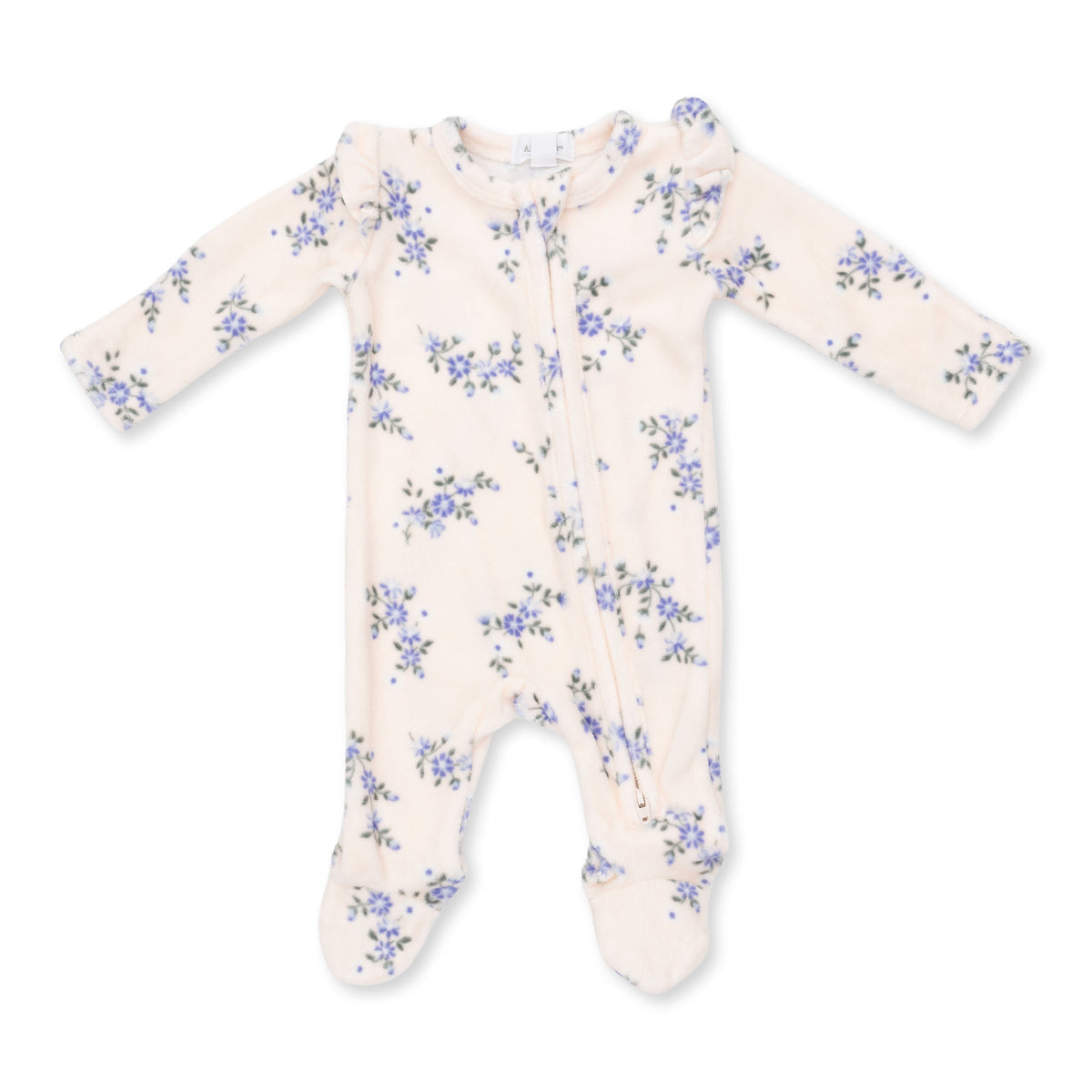 Baby footie pajama in Sweet Hanna floral print velour with ruffle sleeves, fold-over cuffs and a full-length front zipper