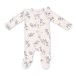 Baby footie pajama in Sweet Hanna floral print velour with ruffle sleeves, fold-over cuffs and a full-length front zipper