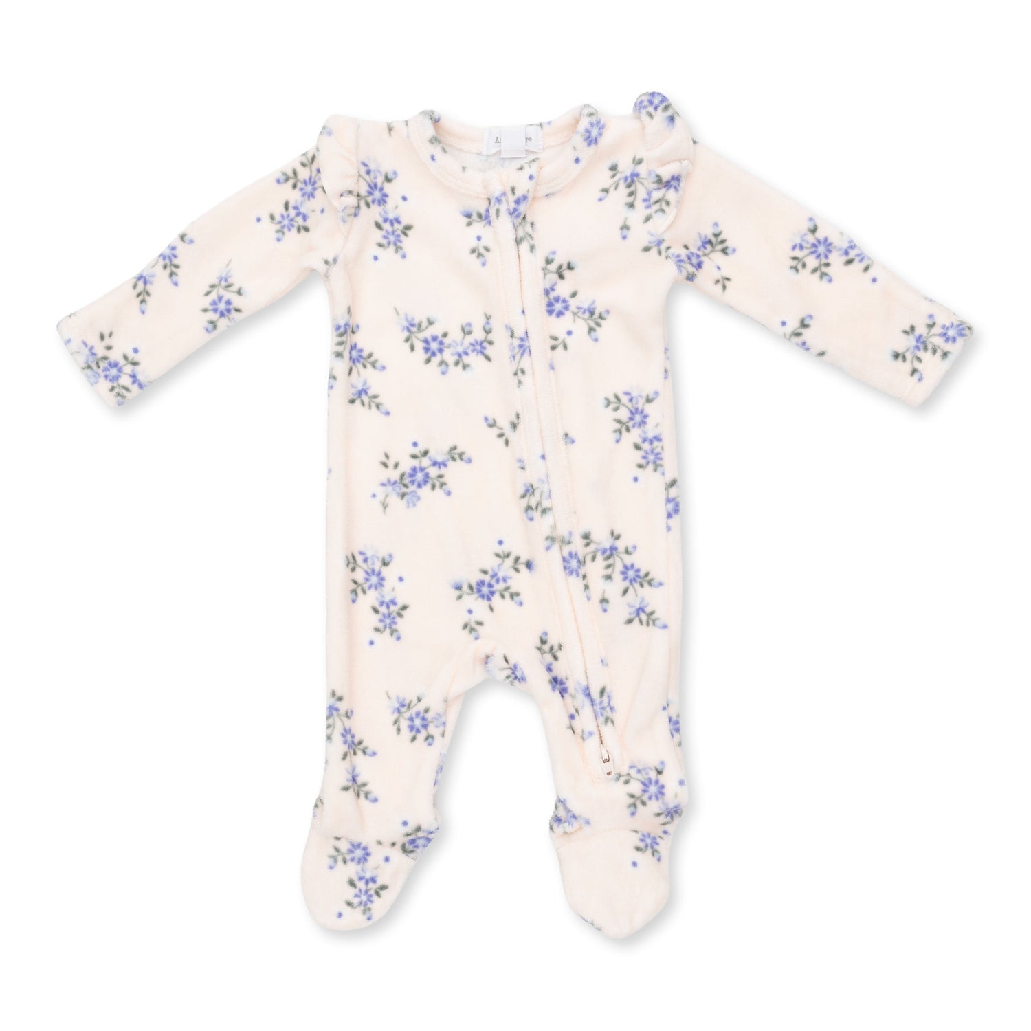 Baby footie pajama in Sweet Hanna floral print velour with ruffle sleeves, fold-over cuffs and a full-length front zipper