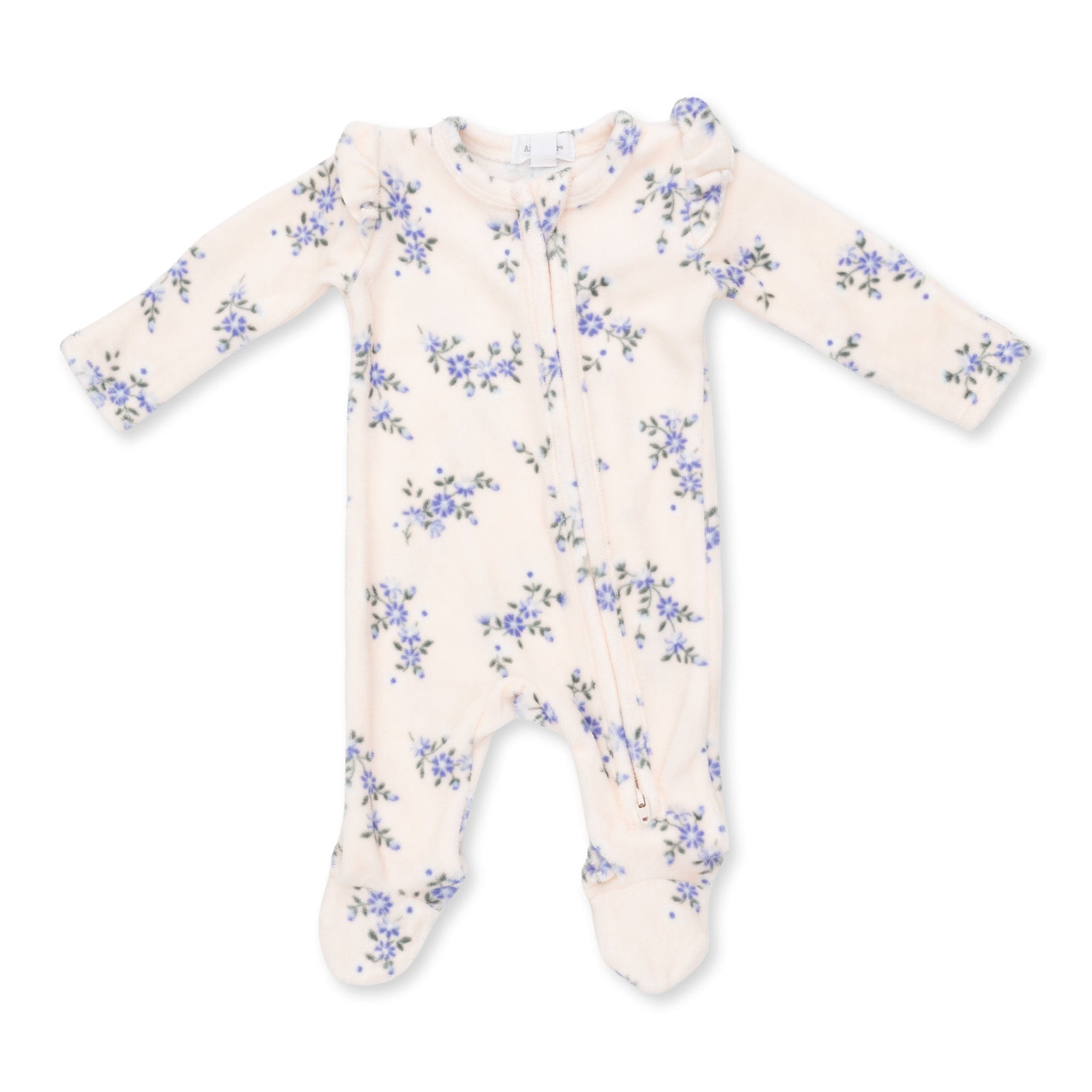 Baby footie pajama in Sweet Hanna floral print velour with ruffle sleeves, fold-over cuffs and a full-length front zipper
