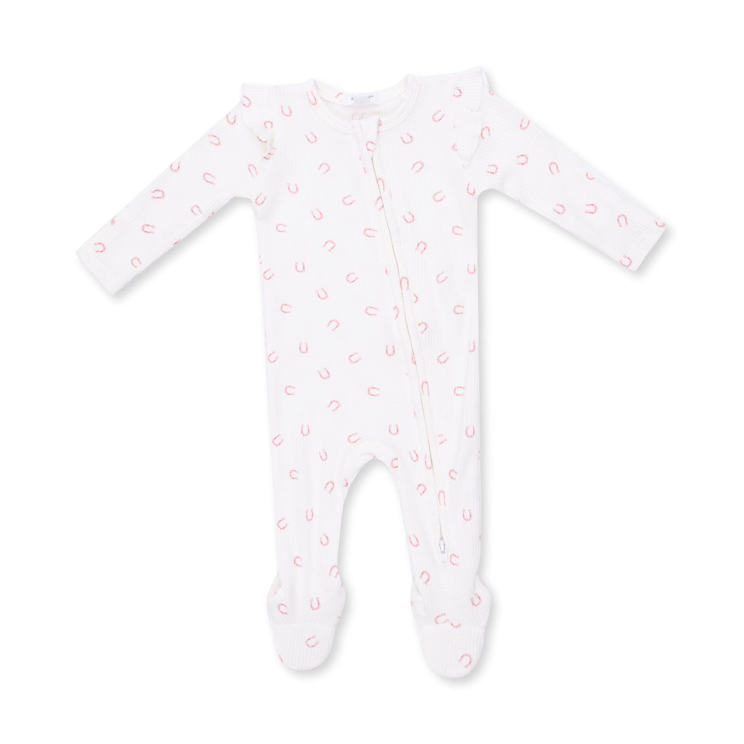 Pink ruffle-sleeve footie pajamas with a little horseshoes print, fold-over cuffs, two-way zipper, and footed grippers.