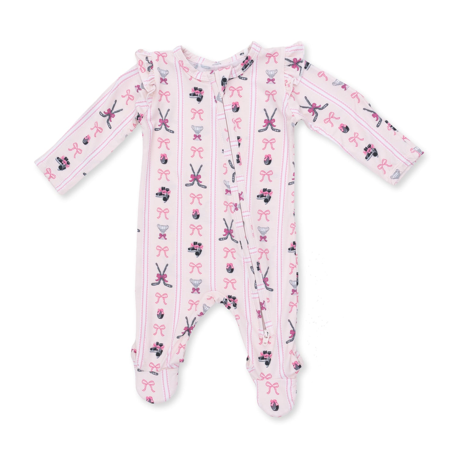 Baby zipper footie in a striped print with ruffle sleeves, fold-over cuffs, and footed grippers