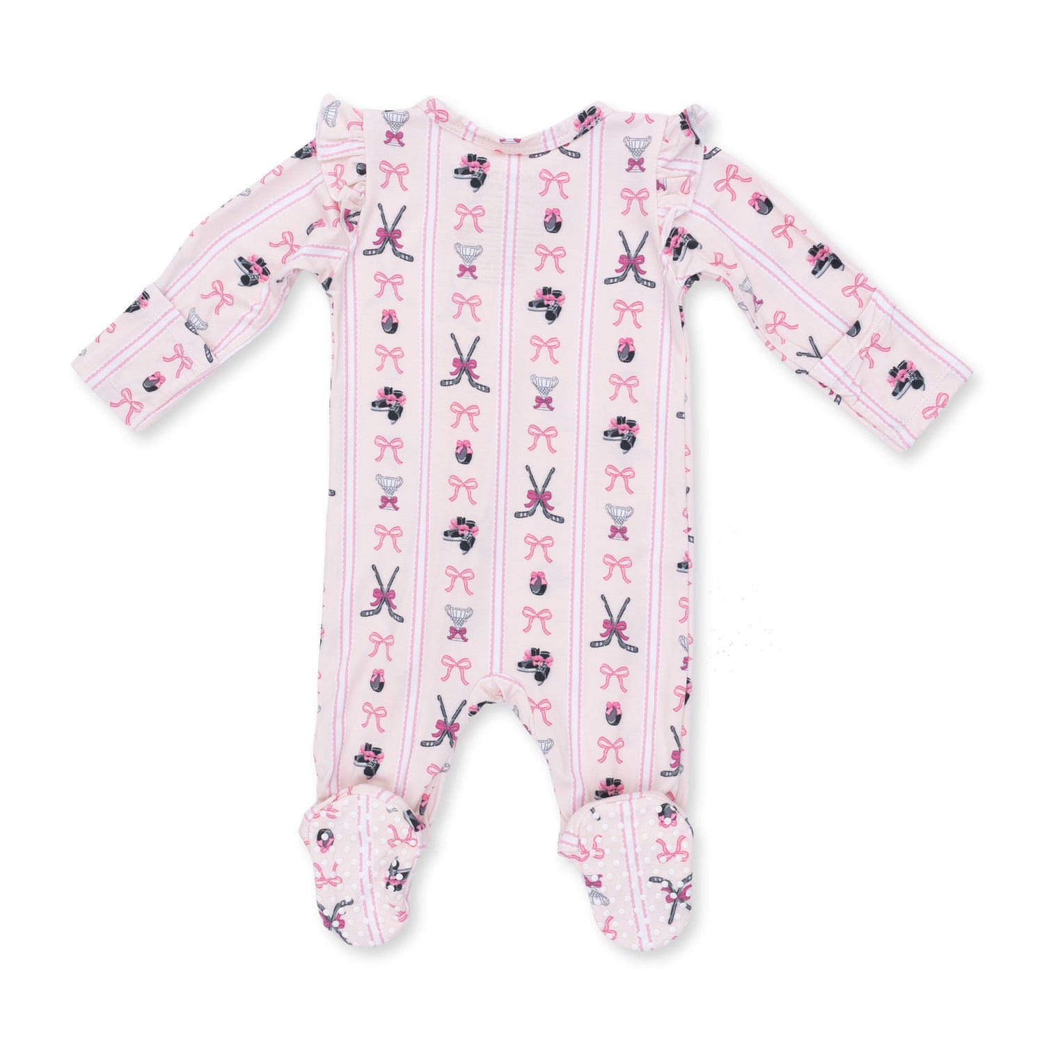 Megan's Bowtiful Hockey Stripe - 2 Way Ruffle Sleeve Zipper Footie