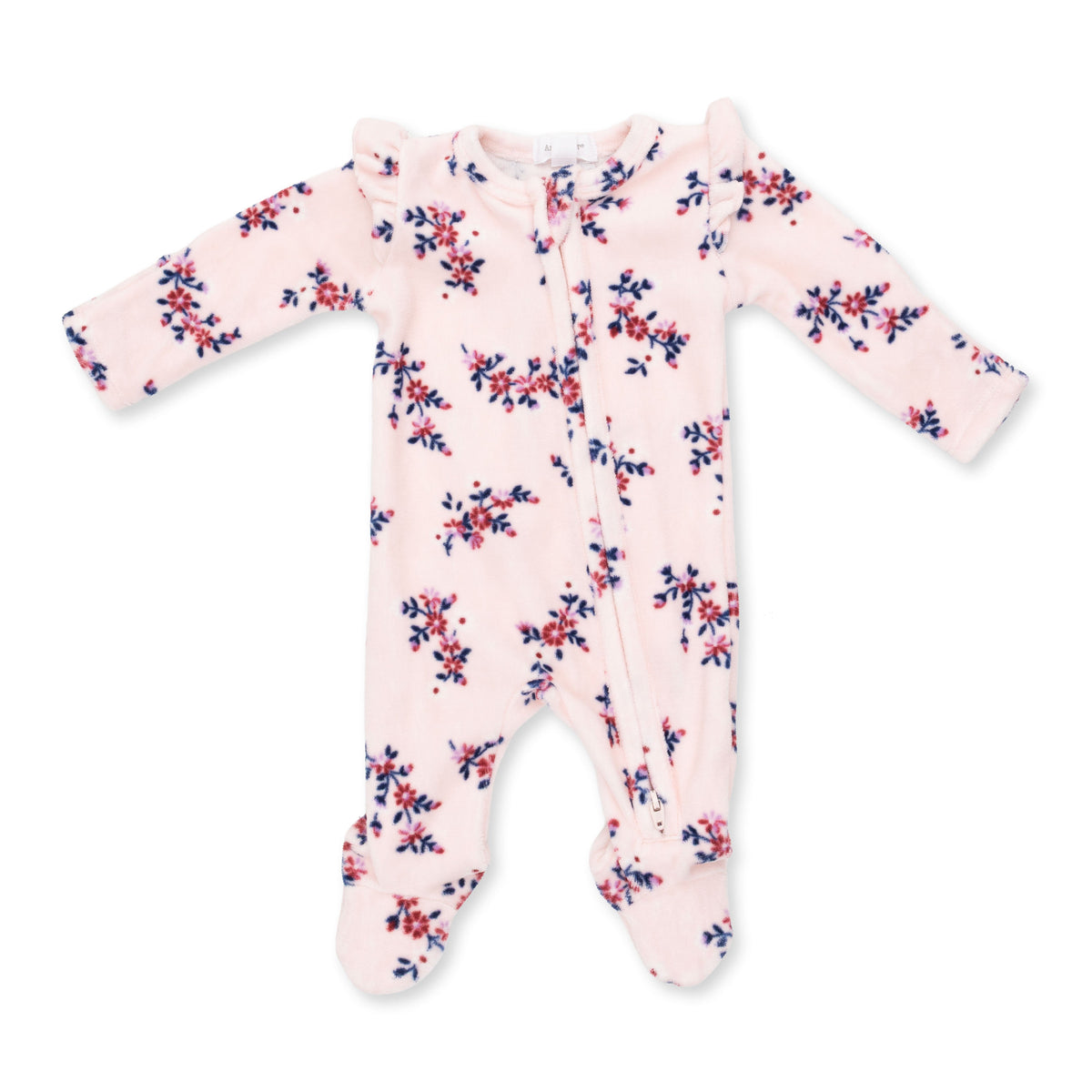 Baby footie pajama in Nora floral velour print with ruffle sleeves, fold-over cuffs and a full-length front zipper