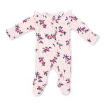Baby footie pajama in Nora floral velour print with ruffle sleeves, fold-over cuffs and a full-length front zipper